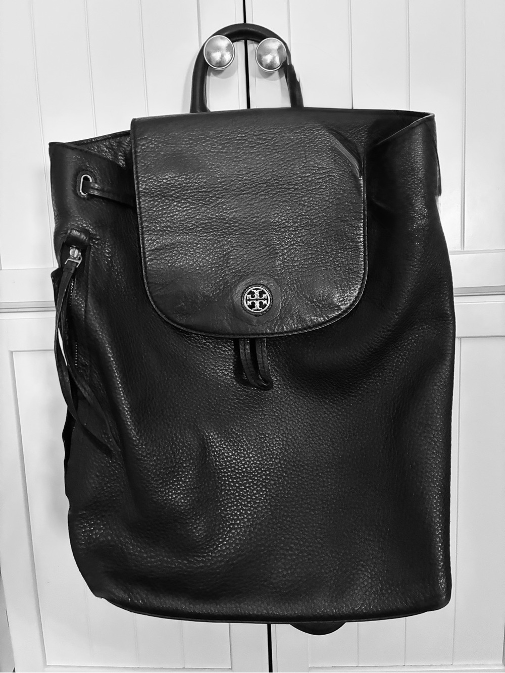 Tory Burch Black Pebbled Leather Drawstring Backpack